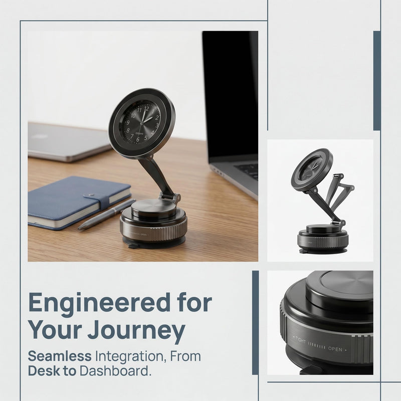 Car Mount with Clock, Folding Stand Design, Round Dial, Silver, Car or Desk