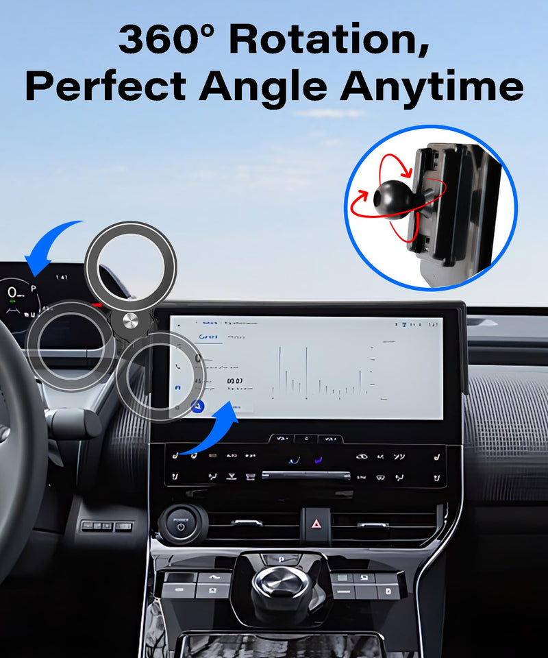 Car Phone Holder for Toyota BZ4X/Subaru Solterra 2023 2024 2025 Accessories | 8/12.3" Screen Clip-On MagSafe Strong Magnetic Cell Phone Mount, 360° Rotatable Hands-Free Holder, Not Block Air Vents