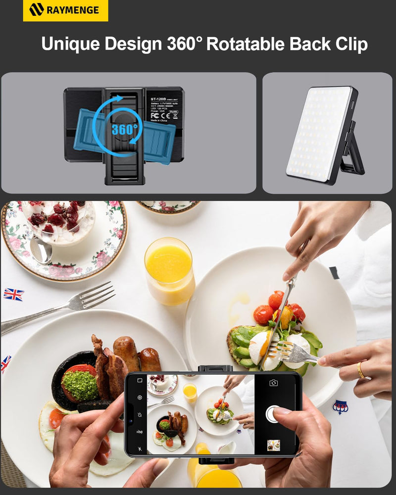 120 LED Selfie Light for Phone with Front & Back Clip, 3 Light Mode CRI 95+ 2500K-9000K Infinitely Dimmable Light, 3000mAh High Power Rechargeable Clip On Light for Selfie, Tiktok, Vlog Black