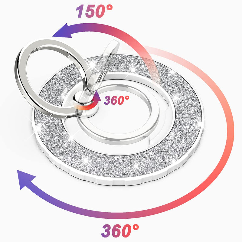 Magnetic Phone Ring Holder for magsafe, Glitter Magnetic Grip Compatible with iPhone 15 14 13 12 Pro max,Pro,Plus,Mini Mag Safe Accessories,Adjustable Kickstand Wireless Charging,Silver Glitter Silver