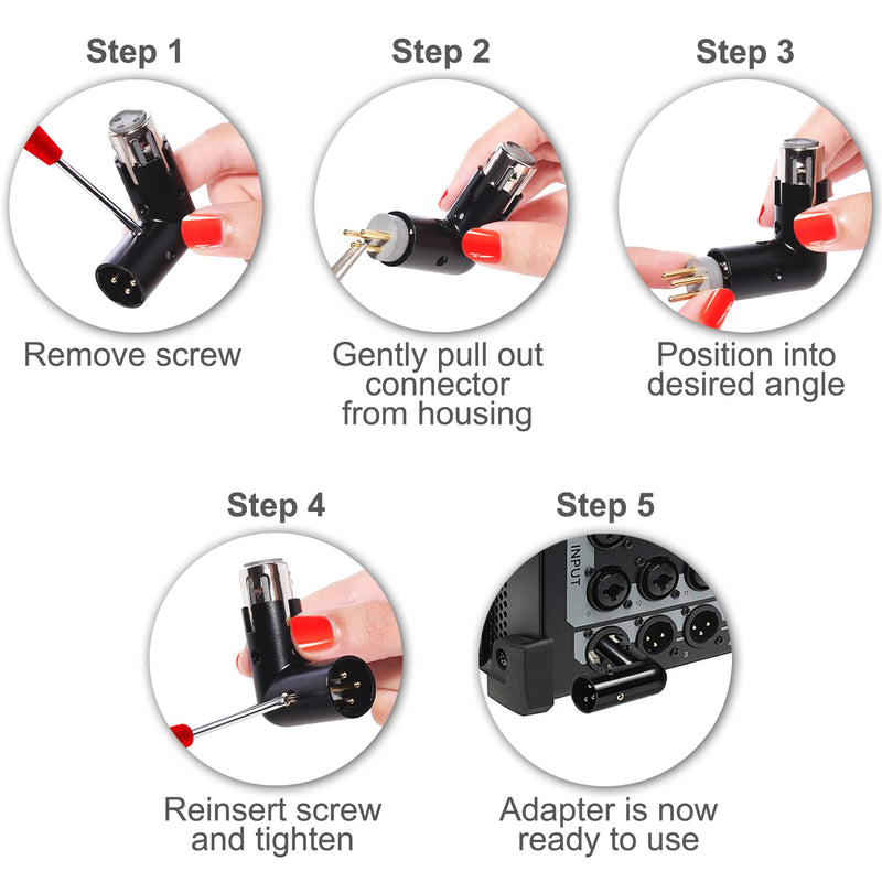 HQRP 4-Pack 3-Pin XLR Angle Adapter Dual Male & Female with 4 Adjustable Angle Positions Right Left and 90 Degree, Compatible with Mixers That Interfere with Other Applications, 3-Pin Connector
