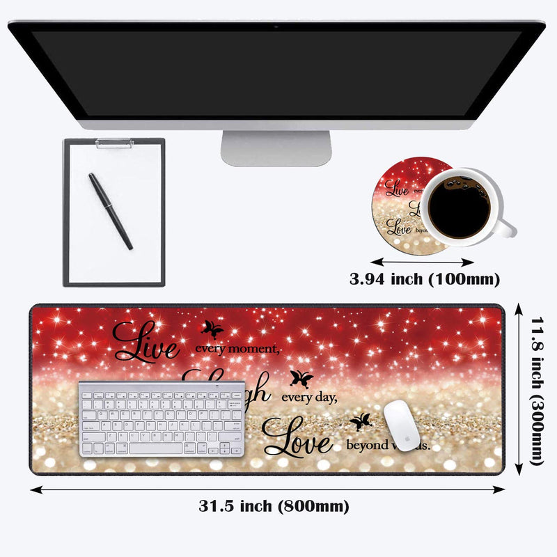 Desk Pad Gaming Mouse Pads with Coasters,31.5"x 11.8" Large Non-Slip Rubber Base Mousepad with Stitched Edges for Office & Home,Red Glitter Quote Live Every Moment, Laugh Every Day, Love Beyond Words