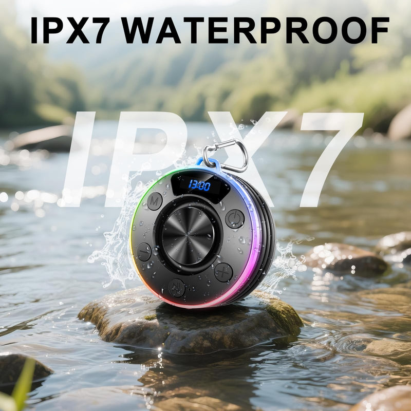 Bluetooth Speaker, Shower Speaker Stereo Sound, IPX7 Waterproof Speakers Bluetooth Wireless with RGB Light, Suction Cup, Hook, Digital Display, Portable Speakers for Gift Bathroom Party Beach, Black