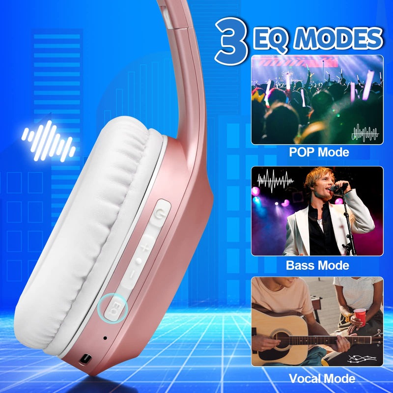 Bluetooth Headphones Over Ear, 68H Playtime and 3 EQ Music Modes Wireless Headphones with Microphone/Deep Bass, HiFi Stereo Foldable Lightweight Headset for PC Home Travel Office (Rose Gold) Rose