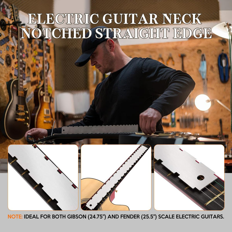 Guitar Neck Notched Straight Edge Luthiers Tool with Guitar Fret File, Fret Rocker, Fingerboard Guards Protectors and Grinding Stones for Gibson 24.75" and Fender 25.5" Electric Guitars