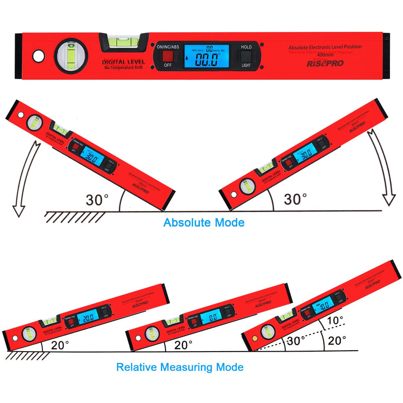 RISEPRO 42cm Digital Torpedo Level Inclinometer Angle Finder Gauge Spirit Level Magnetic Base Backlight Red