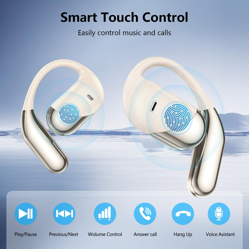 Open Ear Clip Wireless Earbuds Headphones, Bluetooth 5.4, Open Ear Design, Built-in Mic, IPX7 Waterproof, LED Display Charging Case,Ear Hooks Ear Buds Ultra for Fitness/Travel/Gym/Running/workout off-white