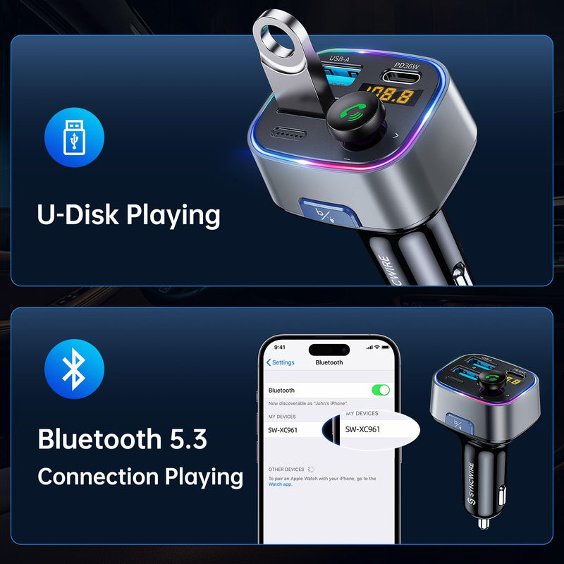 Syncwire Bluetooth 5.3 FM Transmitter Car Adapter 48W (PD 36W & 12W) [Light Switch] [Hi-Fi Deep Bass] [Fast Charge] Wireless Radio Music Adapter LED Display Hands-Free Calling Support USB Drive Silver