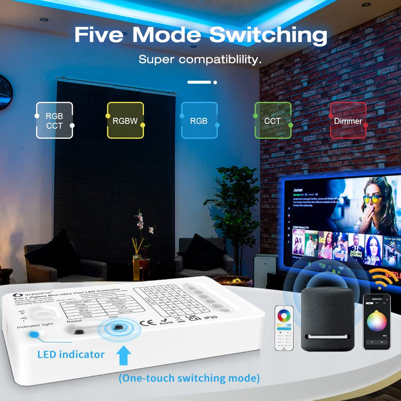 GLEDOPTO ZigBee 3.0 DC5-24V Mini 5 in 1 RGBCCT RGBW RGB CCT Dimmer LED Strip Light Control 6A Max for PWM Dimming LED Strip Compatible with Homey Conbee Tuya Smart Life App Control (Hub Required)
