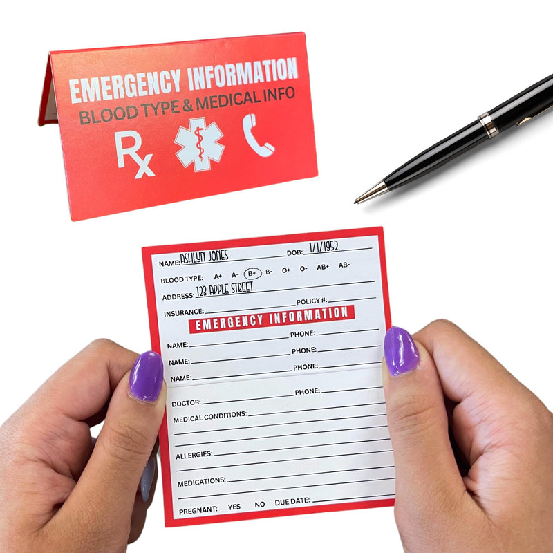 Medical ID Information In Case of Emergency Folded Wallet Card | 10pk 2x3.5” Folded Contacts Doctor Allergies Medications Write In Blood Type