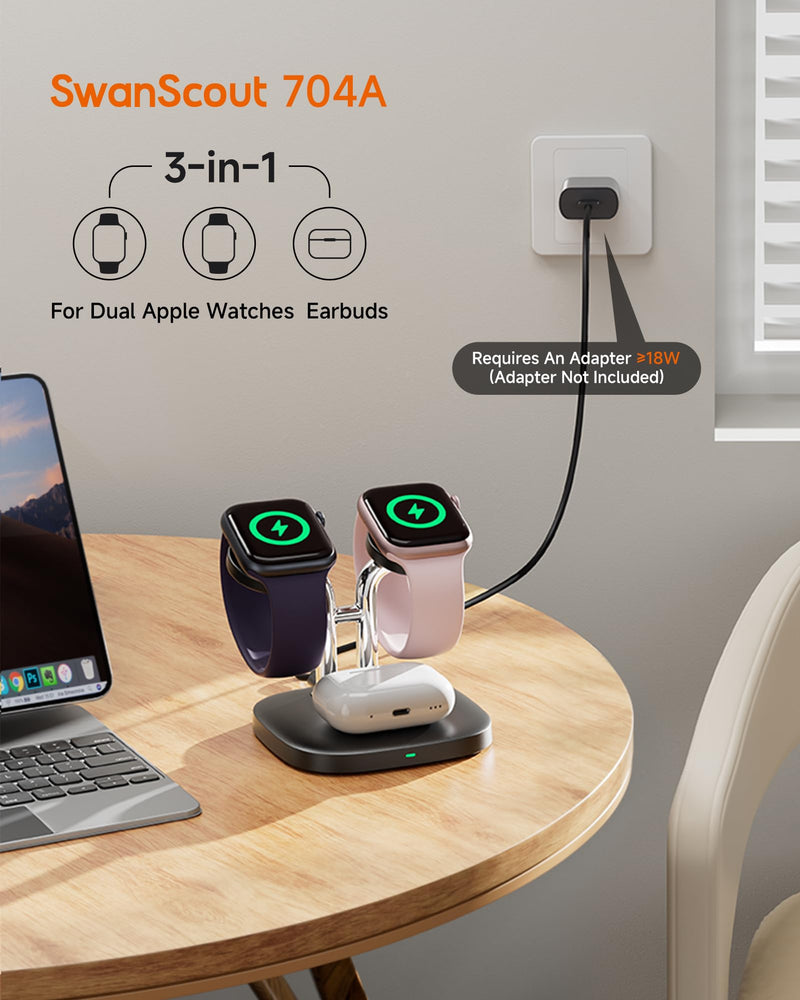 Dual Watch Charger for Apple Watch, Detachable Wireless Charger Stand for iPhone 16/15/14/13/12 Series
