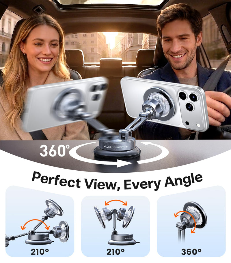 TORRAS 2026 Upgraded Vacuum Car Phone Holder for MagSafe Car Mount [98+ LBS Strongest Suction | 24 N58 Magnets] 360° Adjustable Magnetic Phone Holders for Your Car, for iPhone 17-12 Pro Max Plus Air Diamond Black