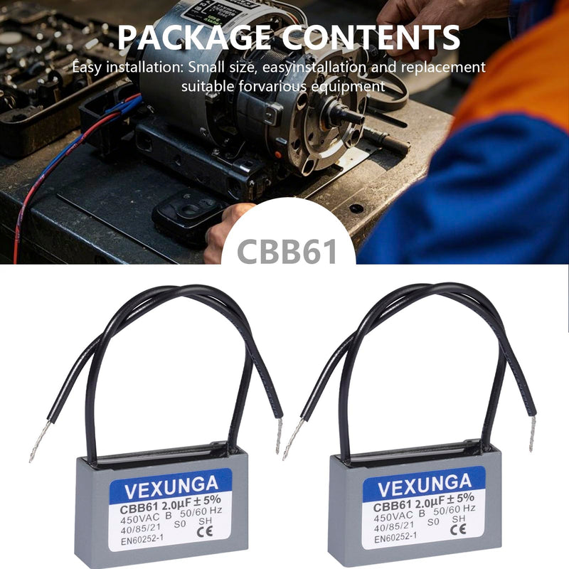 CBB61 Fan Capacitor 2uF 450 Volt Ceiling Fan Capacitors Replacement 2MFD 450V AC 450VAC 50/60Hz 2Wire for Fans Motor Start Run (2Pcs)