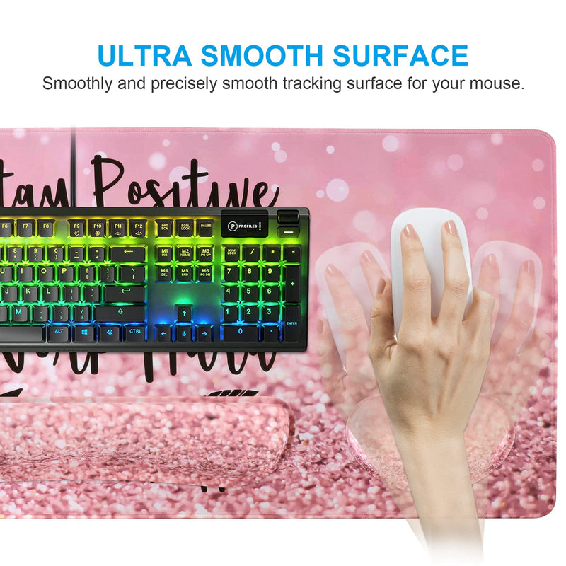 iCasso Keyboard Mouse Pad Set,Extended Gaming Mouse Pad+Keyboard Wrist Rest Support , Memory Foam, Easy Typing Pain Relief, 3Pcs (35.4×15.7 in) XXL Ultra Thick Desk Mat -Pink Stay Positive A-Pink Stay Positive