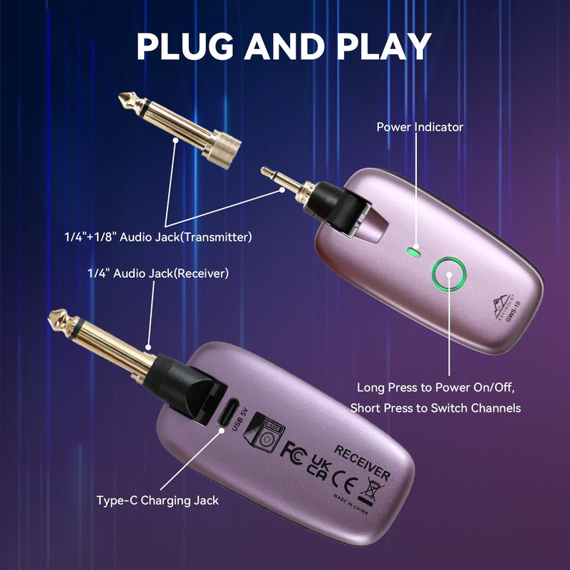 EASTROCK Wireless Guitar System – Purple, UHF 7-Channel Rechargeable Transmitter & Receiver, 6H Battery, 1/4” & 1/8” Plug for Guitar & Bass