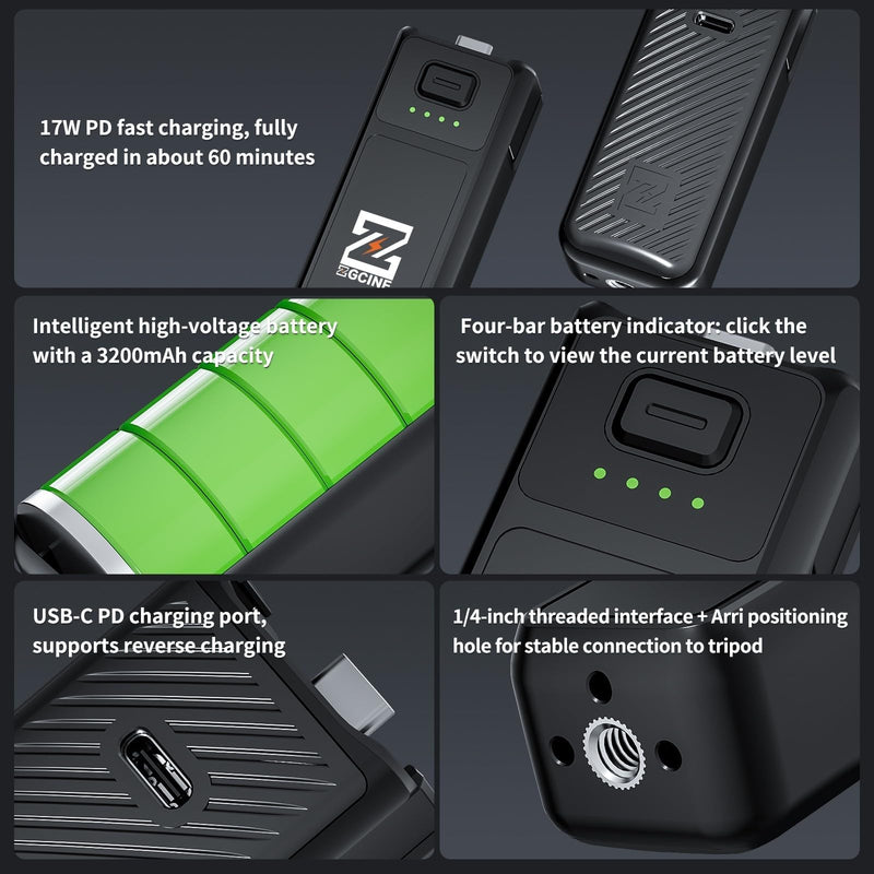 [AUSTRALIA] - Osmo Pocket 3 Battery Handle, ZGCINE PK-H01 7.7V/1600mAh Fast Charging Handle Grip Replaced for DJI Pocket 3 Battery for Xtra Muse, Reserved 1/4”Thread,Support Directly Data Transmission 