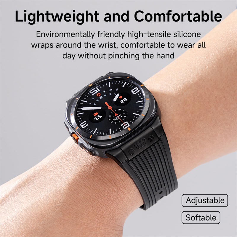 Silicone Bands for Samsung Galaxy Watch Ultra 47mm Band, Rugged Luxury Sport Strap for Men, with Metal Connectors & Foldable Buckle & Pin Buckle (Starlight Black)