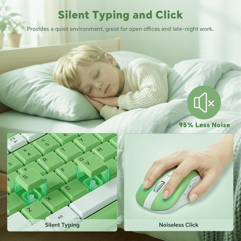 Green Wireless Keyboard and Mouse Combo with Phone Holder, 2.4G Quiet Keys | Silent Keyboard, 3-Level DPI Quiet Mouse, 12 Hotkeys, Full Size, Ergonomic for Office/Home/Work, For Windows PC Laptop, WK210 Green