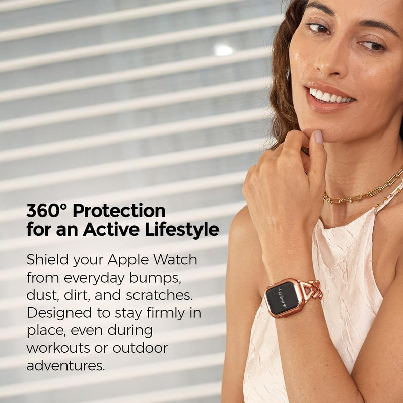 My Pretty Strap Rose Gold Apple Watch Band & Glossy XOXO Protective Case Bundle – Elegant Stainless Steel Strap & Luxury Metal Cover for Apple Watch Series 1-11, SE & Ultra (42MM) Mermaid