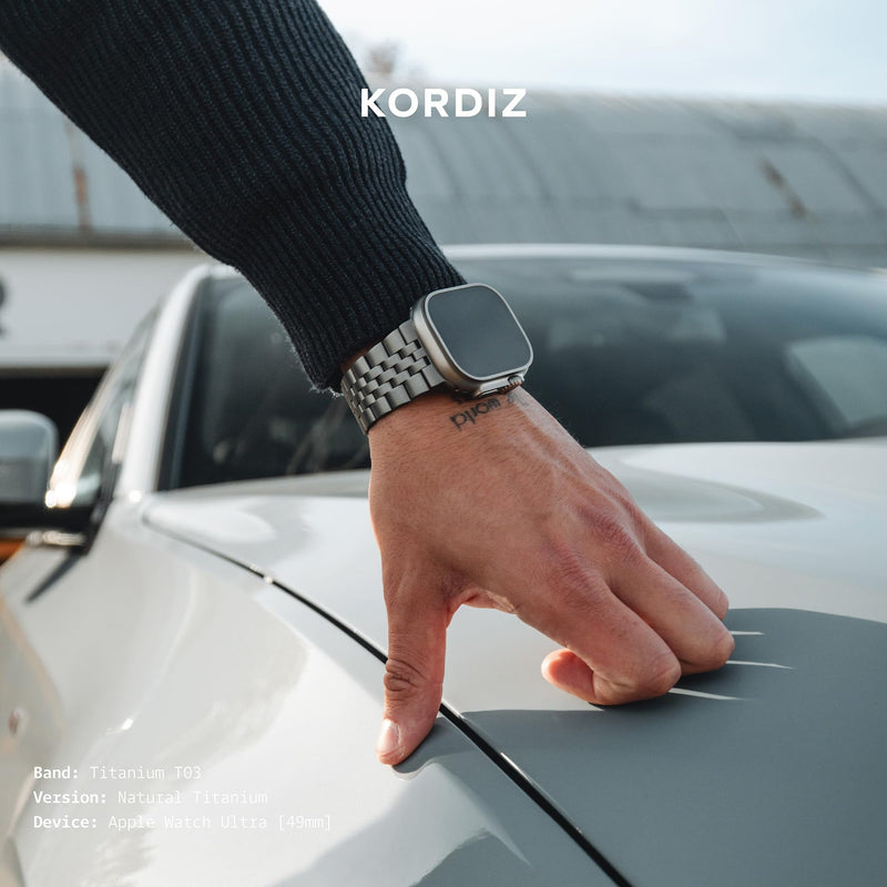 KORDIZ Titanium T03 Band for Apple Watch ULTRA 3 / ULTRA 2 / ULTRA (49mm) — Refined Iconic Design, Lightweight Grade 2 Titanium with Butterfly Clasp — Premium Luxury Bracelet for Men Natural Titanium