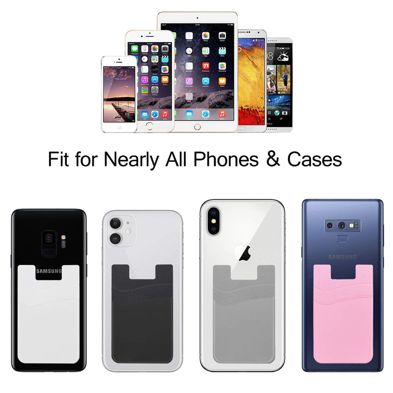 SS Card Holder for Back of Phone, Phone Wallet Stick-on Credit Card Sleeve Pocket Silicone Cell Phone Pouch Compatible for iPhone,Samsung Galaxy and Most SamrtPhones 4 Pack Black+White+Gray+Pink