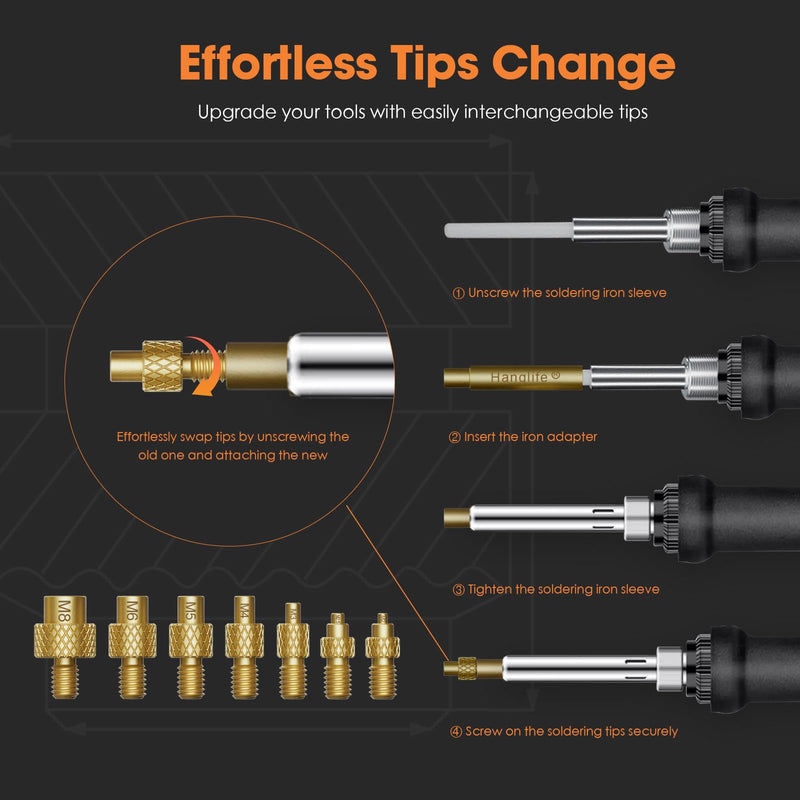 Heat-Set Insert Tips for Threaded Inserts M2 M2.5 M3 M4 M5 M6 M8, Soldering Iron Tips Compatible with Weller SP40NUS/Hakko FX-888D/900M/T18 Irons- Press Tool for Plastic 3D Printer Components Tip Change - 7 Sizes