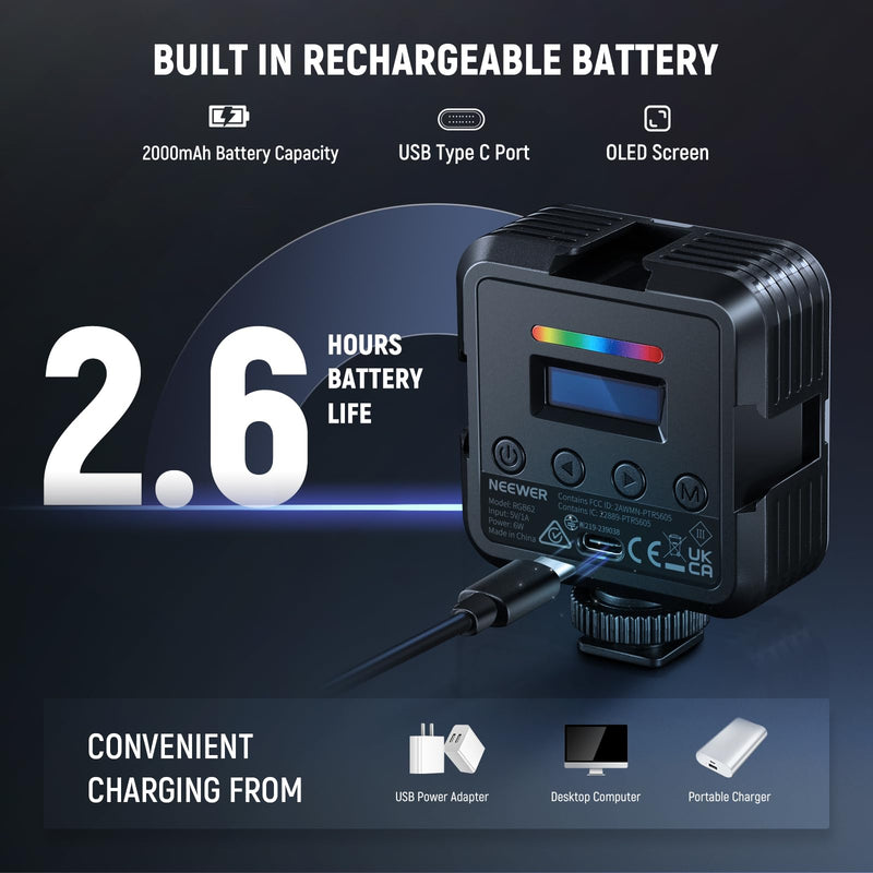 [AUSTRALIA] - NEEWER RGB62 Magnetic RGB Video Light with Upgraded APP Control, 360° Full Color LED Camera Light with 3 Cold Shoes CRI97+ 2500K-8500K 17 Scenes 2000mAh Rechargeable Portable Photography Lighting camera light with app control 