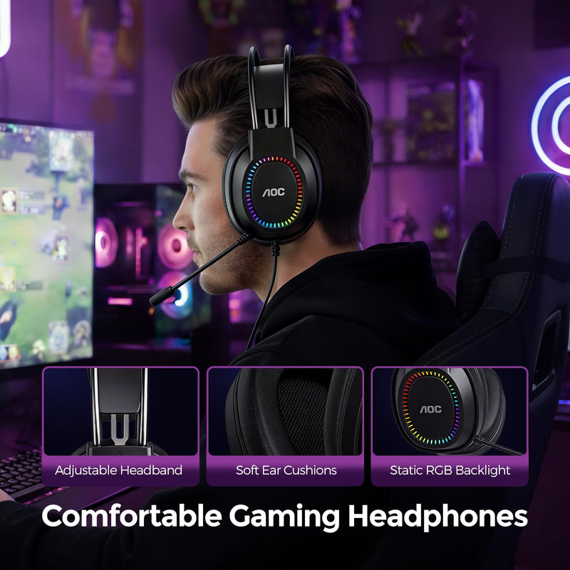 [AUSTRALIA] - AOC Wired Gaming Headset with Mic, USB Gaming Headphone with Stereo Sound for PC/Laptop/PS4/PS5, 50mm Drivers RGB Corded Headphones for Game/Work/Music, ACG2500 