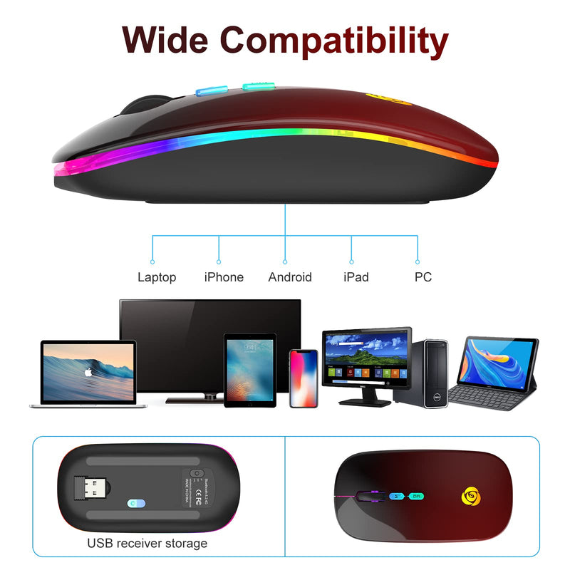 LED Wireless Mouse Bluetooth &2.4GHz Instant Connection,Rechargeable Ultra Silent Slim,3 Adjustable DPI 2 Connection Modes with USB-C to USB Adapter for Laptop/MacBook/PC/Tablet/iPad (Black-red) Black-red