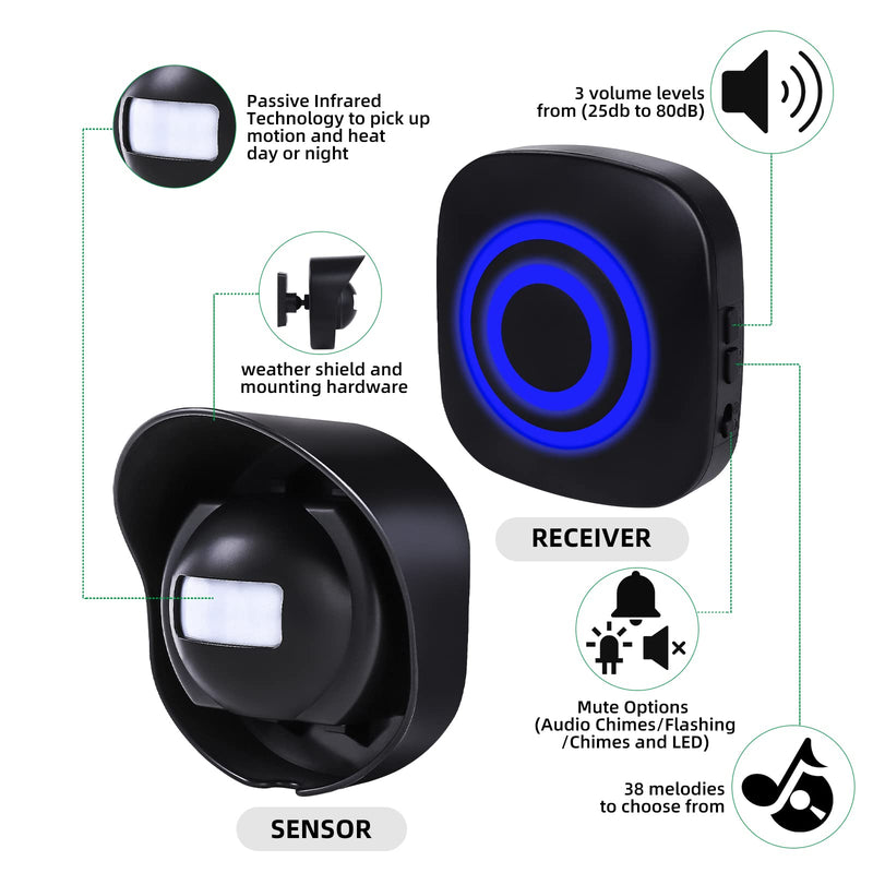 328ft Range Wireless Driveway Alarm Outside Weather Resistant Motion Sensor Alarm Security Alert-Protect Outdoor/Indoor Property-2 Receiver and 3 PIR Motion Detector-38 Chimes Black 2 alarms + 3 waterproof sensors