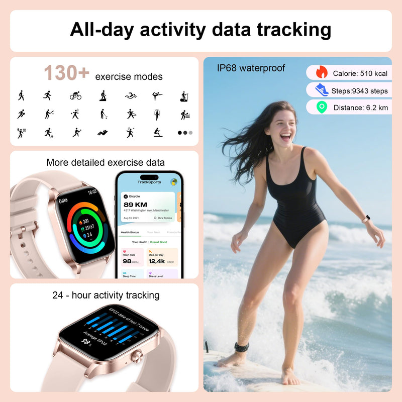 Smart Watches for Women,1.85" Fitness Tracker Watch Answer/Make Call,IP68 Waterproof Fitness Watch with Sleep/Step/Heart Rate/SpO2 Monitor, 120+ Sport Modes Smartwatch for Android iOS Rose Gold