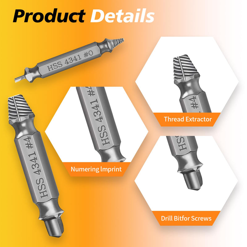 6 Piece Screw Extractor Set, Damaged Screw Remover Extractor, Double Head Left Extractor Set, Multiple for Removing Slightly Damaged Screws, Made of HSS 4341