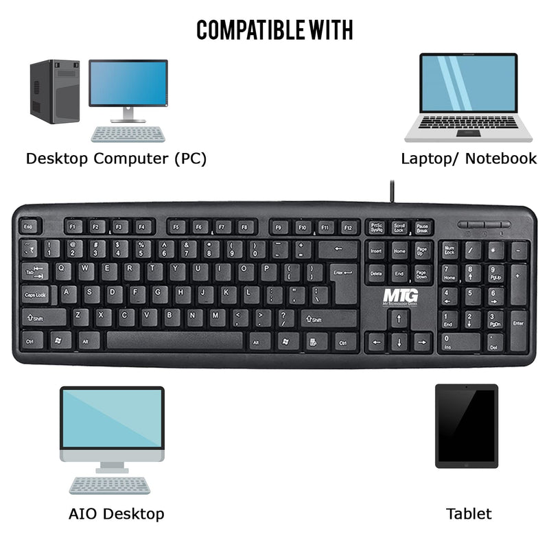 MTG Full Size Wired Computer Keyboard, with 5ft USB-A Cable, 104-keys, Foldable Legs and noiseless Key, Compatible with PC, Laptop and Windows 7/8/10/11