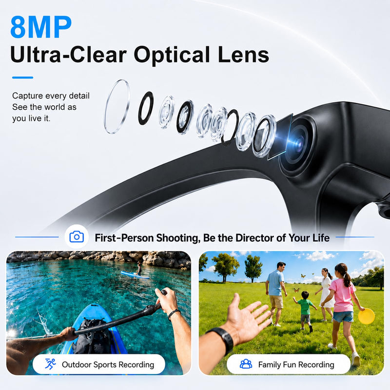 AI Smart Glasses with Camera, 8MP Camera Glasses, 4K HD Video, Bluetooth Ai Glasses for Men Women, Voice Assistant, Object Recognition, Real Time Translation & Meeting Minutes