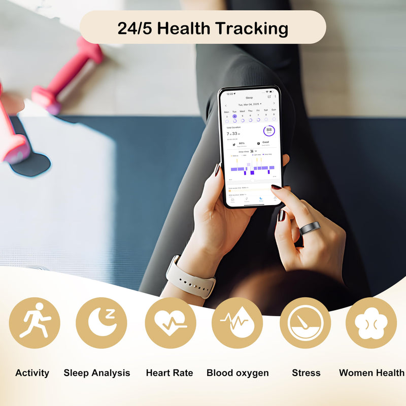 Smart Ring Fitness Tracker Ring for Men Women,Health Sleep Tracker Ring with Heart Rate Monitor/Calories/Blood Oxygen Monitoring IP68 Waterproof,No APP Subscription for iOS/Android(Black,8) 8 Black