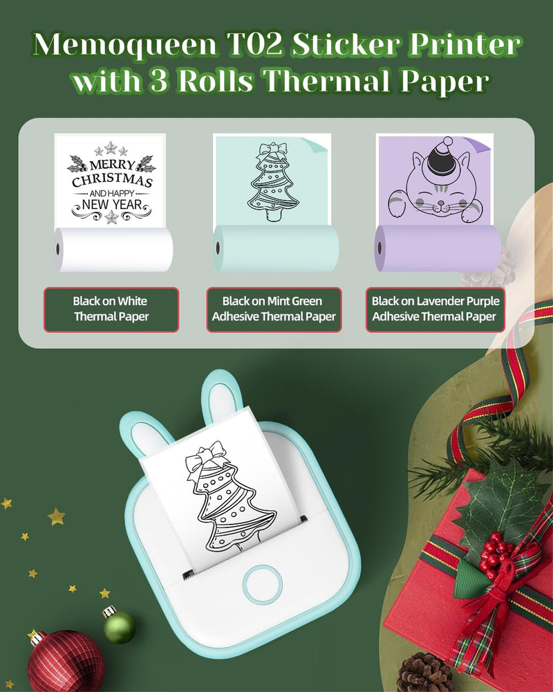 [AUSTRALIA] - Memoqueen Mini Sticker Printer T02 Pocket Portable Bluetooth Thermal Printer with 3 Rolls Paper for Journal, Memo, Photo, DIY Scrapbook, Travel, Children Gifts, Compatible with iOS & Android, Green 1 Printer & 3 Rolls Paper 