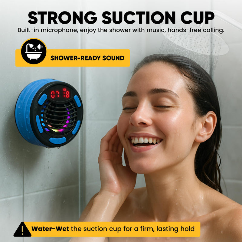 IPX7 Waterproof Bluetooth Speaker with Time, Floating Portable Speaker for Shower, Pool & Beach, Includes MTB Handlebar Holder, Suction Cup & Carabiner, RGB Lights, FM Radio, USB-C - Gifts