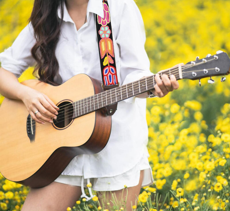 Crochet Flowers 2 inch width Guitar Strap Tulip Black