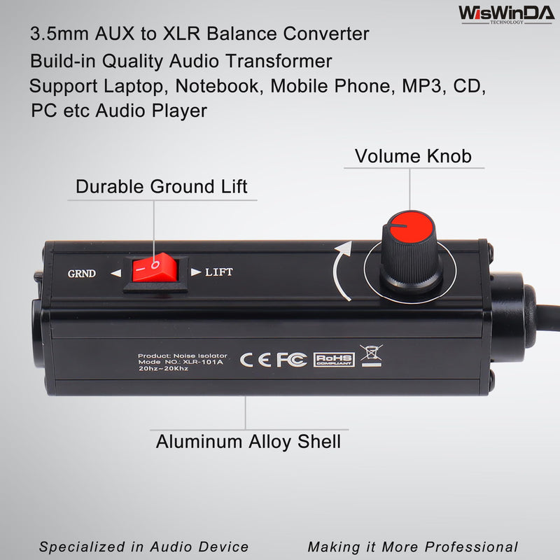 [AUSTRALIA] - Pro101A AUX to XLR Isolation Box with Volume Controller and Ground Lift Switch Build-in Cord Length 3.3ft with Detachable 3.5mm Aux Gold Coating Plug (Pro 101A Aux-XLR) Pro 101A Aux-XLR 
