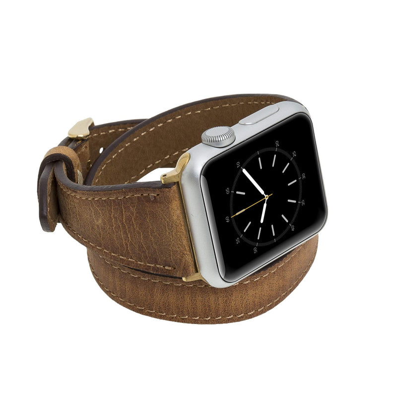 Venito Serena Slim Double Wrap Leather Watch Band Compatible with Apple Watch iwatch Series 1, 2, 3, 4, 5, 6, 7, SE (Antique Brown w/Gold Stainless Steel Hardware, 42mm-44mm)