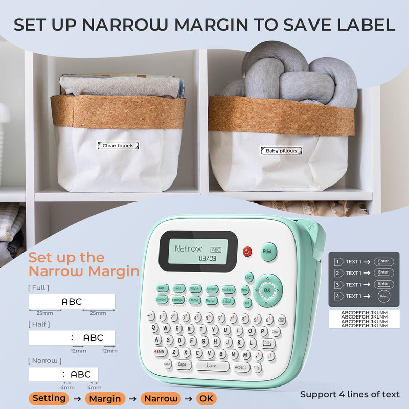 [AUSTRALIA] - Label Maker Machine with Tapes, D210S Label Maker with Keyboard, Handheld Labeler Machine with-Tape 12mm 0.47 Laminated White, Multiple Symbols for Home Office School Kids Use Green 