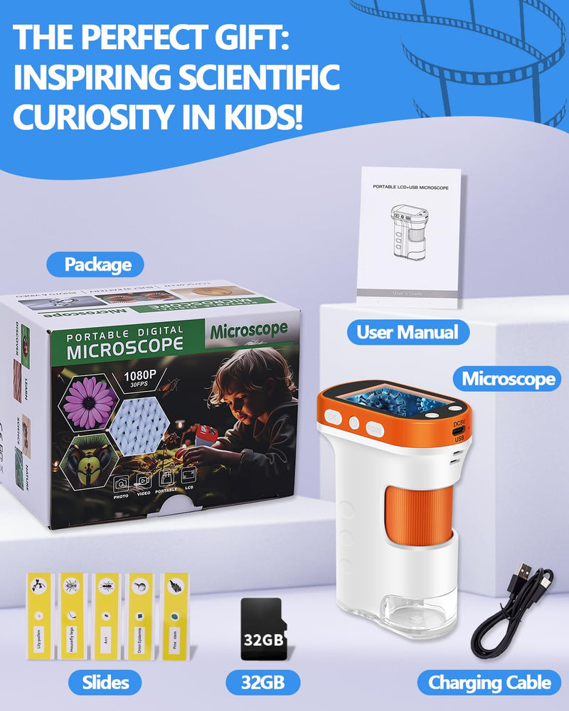 [AUSTRALIA] - OZSTAR Microscope for Kids 1000x Magnification, 2.4-inch ScreenPocket Microscope with Photo and Video Recording (with Slide Kit) Portable Educational Gift 