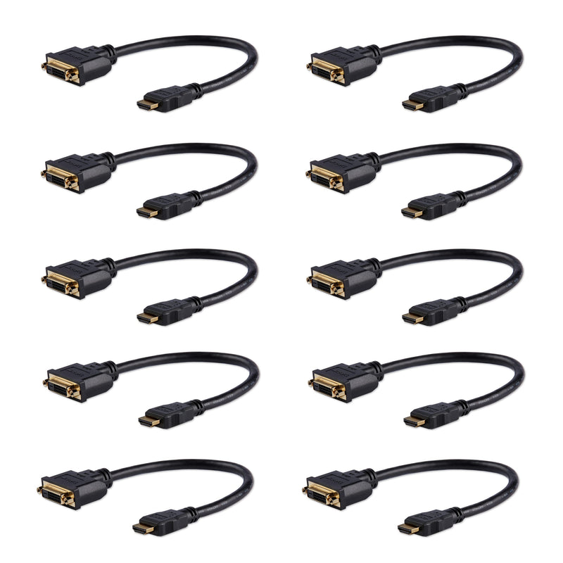 StarTech 10-Pack 8in HDMI to DVI-D Cable, Black (HDDVIMF8IN10PK) | DVI-D to HDMI (1920x1200p), HDMI Male to 24 Pin DVI-D Female, Digital Monitor Adapter Cable Male to Female, Cord, Black, 20cm