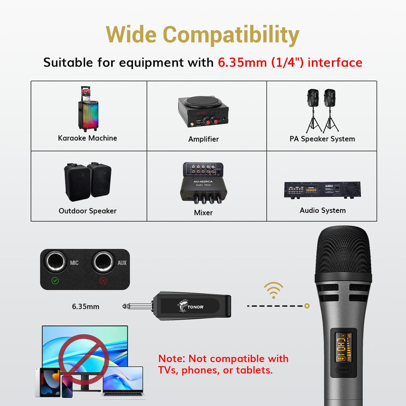 TONOR Wireless Microphones, Dual UHF Karaoke Microphone System, Microfonos Inalambricos with Rechargeable Receiver, Cordless Dynamic Mics Set for Singing, Wedding, Party, 60 m/200ft TW320, 2 Mics Grey