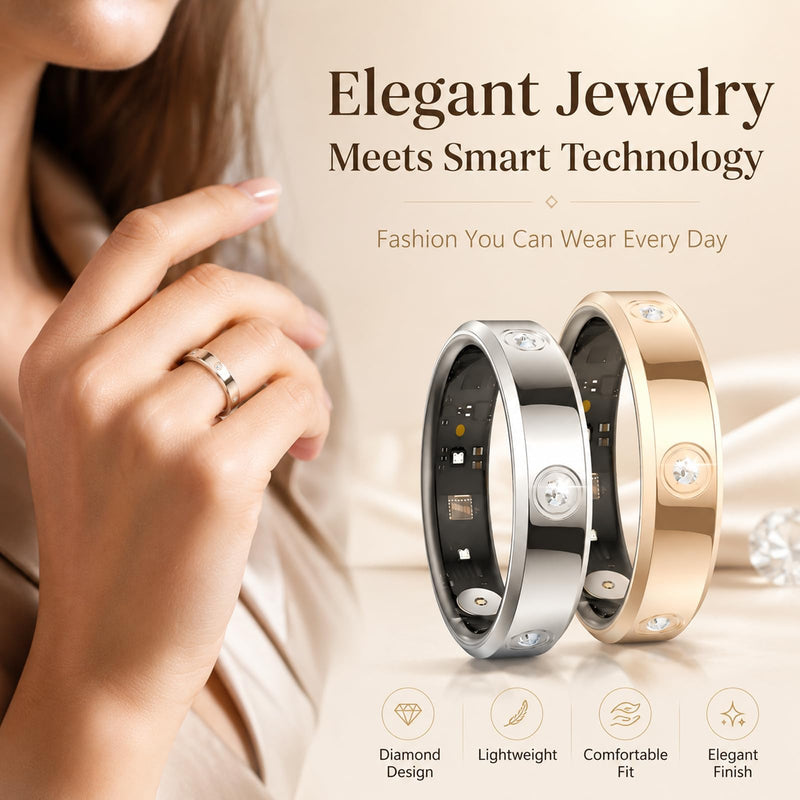 Ladies Smart Ring for Women Health Ring Heart Rate Monitor Sleep Tracker Fitness Tracker Calories Step Counter Pedometer Gesture Control Waterproof Compatible with iOS Android Phones Elegant Ring Elegant Diamond-Studded Ring-Champagne gold