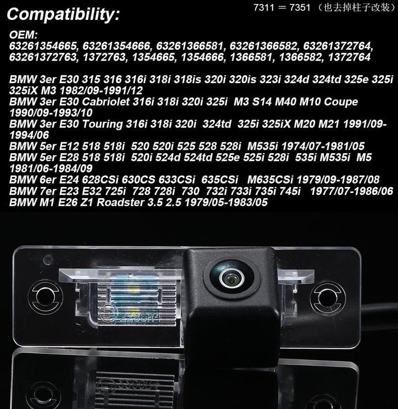 License Plate Backup Camera,HD Night Vision Reverse Camera,Waterproof Car Rear View Camera Replacement for BMW 3er E30 Cabriolet E30 Touring 5er E12 5er E28 6er E24 7er E23 E32 M1 E26 Z1 Roadster