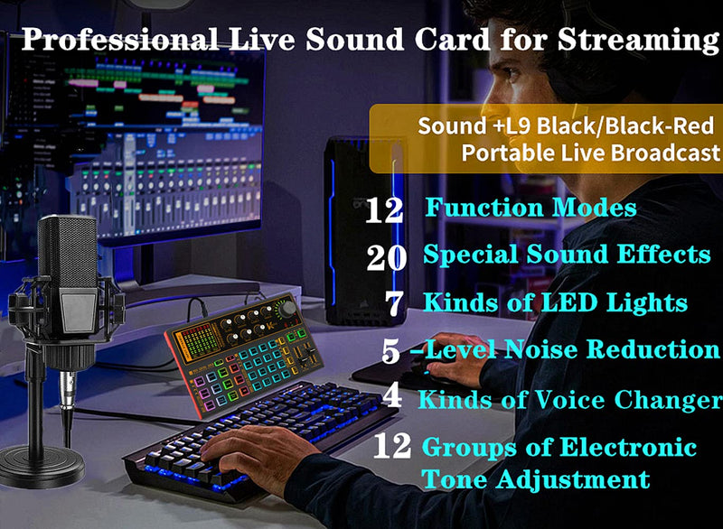 [AUSTRALIA] - K300 Podcast Equipment Bundle, With Podcast Condenser Microphone, Voice Changer Sound Card with Multiple Sound Effects and LED Light, Prefect for Streaming/Podcasting/Gaming/Recording/YouTube/PC SK300 Mic 