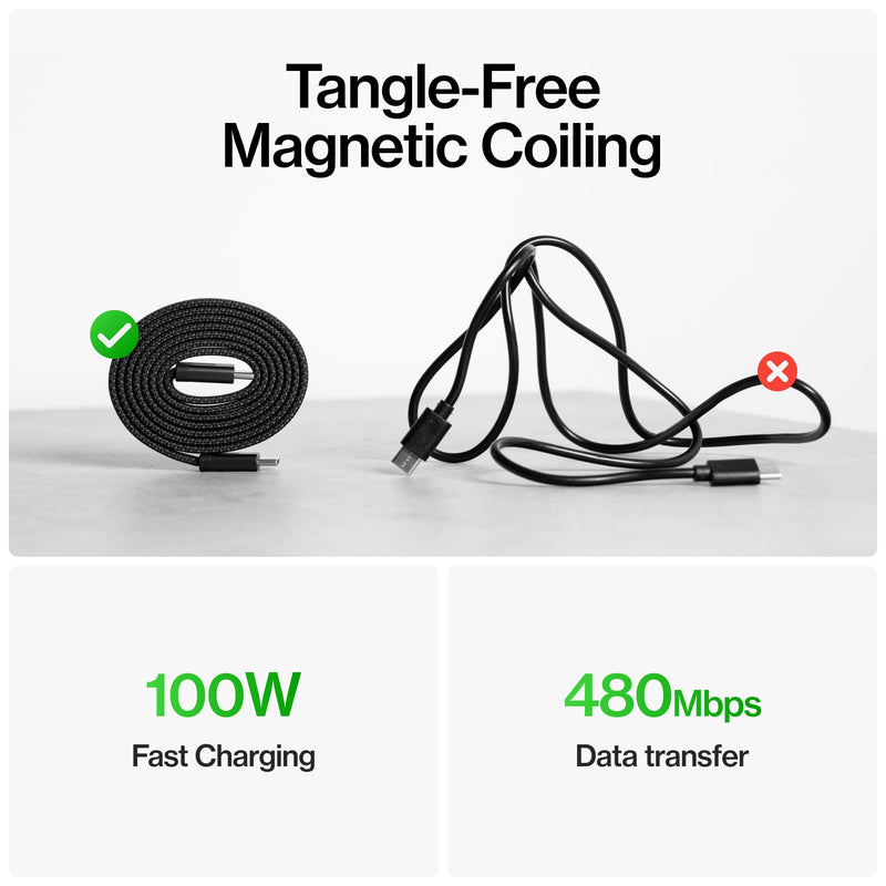 Statik MagStack Slim Pro USB C to C Flat Coil Magnetic Charging Cable, 100W | Flat Magnetic Coiling, Travel-Friendly, Nylon Braided Tangle-Free for iPhone and Android, Data Transfer, 3FT Black, 3 Pack 3.3FT (3 Pack) USB-C to USB-C