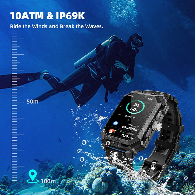 Rogbid Military Smart Watch for Men | Answer/Dial Call, 680mAh Battery, IP69 Waterproof, Blood Pressure Heart Rate, Android Phones Compatible, Fitness Tracker Decepticon-Black