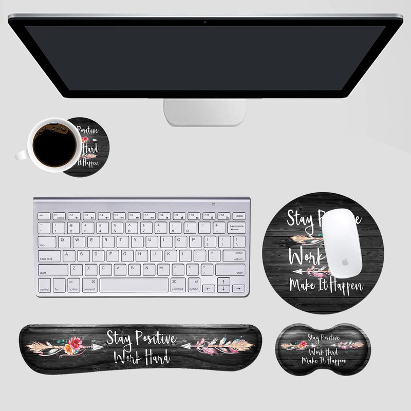 Keyboard Wrist Rest and Mouse Pad Wrist Support Set with Coasters [4Pcs], Stay Positive Work Hard and Make It Happen Inspirational Quotes Wrist Mouse Pad with Non-Slip Rubber Base for Home & Office